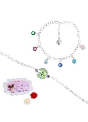 Handmade rakhi combo couple pair green silver bead bracelet and colorful evil eye for bhaiya bhabhi 1