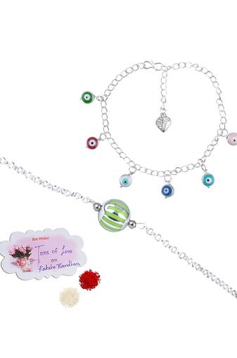 Handmade rakhi combo couple pair green silver bead bracelet and colorful evil eye for bhaiya bhabhi