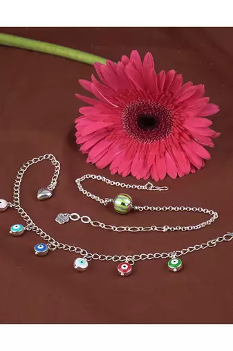 Handmade rakhi combo couple pair green silver bead bracelet and colorful evil eye for bhaiya bhabhi
