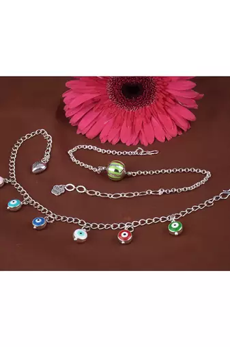 Handmade rakhi combo couple pair green silver bead bracelet and colorful evil eye for bhaiya bhabhi