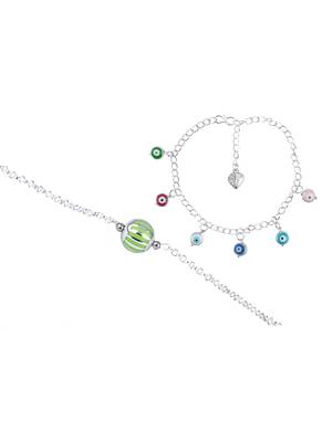 Handmade rakhi combo couple pair green silver bead bracelet and colorful evil eye for bhaiya bhabhi 4