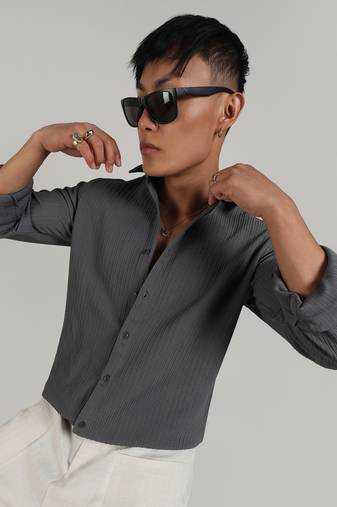 Men's ash grey stripe-creased shirt