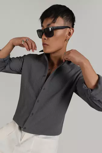 Men's ash grey stripe-creased shirt