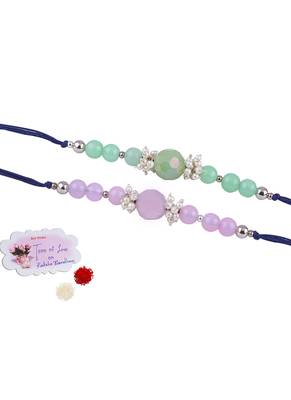 Handmade combo of 2 beaded rakhis with semi-precious lavender pink & mint green onyx bead n pearls set 1