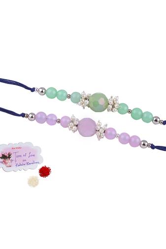 Handmade combo of 2 beaded rakhis with semi-precious lavender pink & mint green onyx bead n pearls set