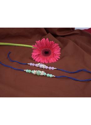 Handmade combo of 2 beaded rakhis with semi-precious lavender pink & mint green onyx bead n pearls set 2