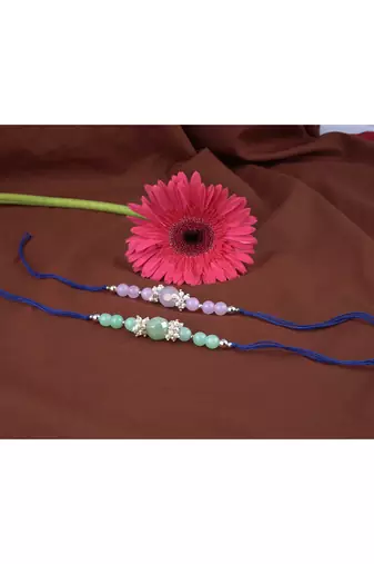 Handmade combo of 2 beaded rakhis with semi-precious lavender pink & mint green onyx bead n pearls set