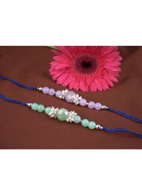 Handmade combo of 2 beaded rakhis with semi-precious lavender pink & mint green onyx bead n pearls set 3