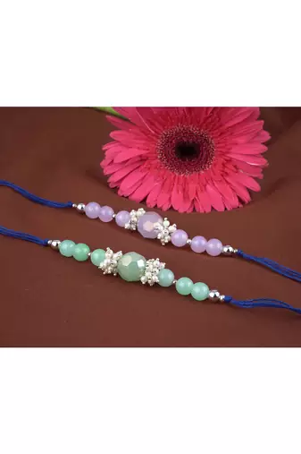 Handmade combo of 2 beaded rakhis with semi-precious lavender pink & mint green onyx bead n pearls set