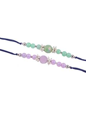 Handmade combo of 2 beaded rakhis with semi-precious lavender pink & mint green onyx bead n pearls set 4