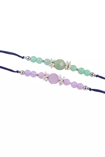 Handmade combo of 2 beaded rakhis with semi-precious lavender pink & mint green onyx bead n pearls set