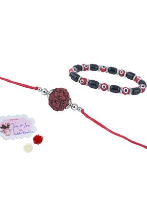 Handmade rakhi combo couple pair panch mukhi rudraksh rakhi & unisex red evil eye bracelet for bhaiya bhabhi 1