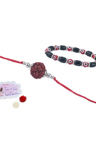 Handmade rakhi combo couple pair panch mukhi rudraksh rakhi & unisex red evil eye bracelet for bhaiya bhabhi