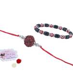 Handmade rakhi combo couple pair panch mukhi rudraksh rakhi & unisex red evil eye bracelet for bhaiya bhabhi