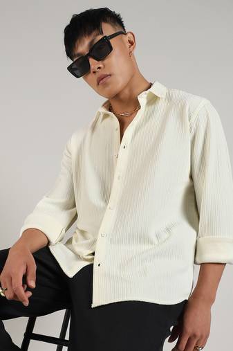 Men's pale yellow stripe-creased shirt