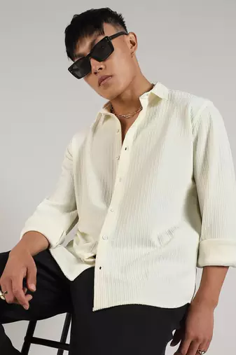 Men's pale yellow stripe-creased shirt