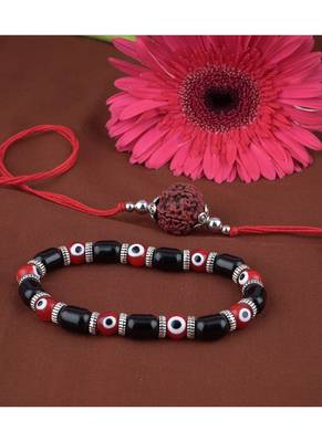 Handmade rakhi combo couple pair panch mukhi rudraksh rakhi & unisex red evil eye bracelet for bhaiya bhabhi 2
