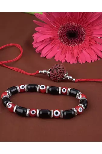 Handmade rakhi combo couple pair panch mukhi rudraksh rakhi & unisex red evil eye bracelet for bhaiya bhabhi