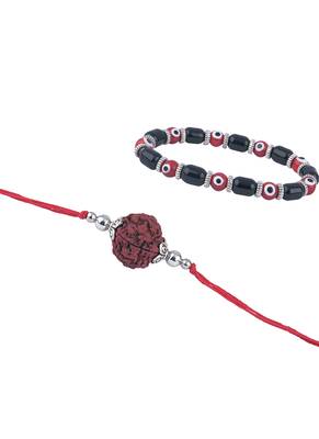 Handmade rakhi combo couple pair panch mukhi rudraksh rakhi & unisex red evil eye bracelet for bhaiya bhabhi 3