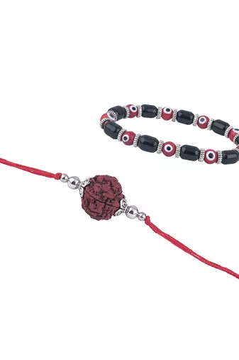 Handmade rakhi combo couple pair panch mukhi rudraksh rakhi & unisex red evil eye bracelet for bhaiya bhabhi