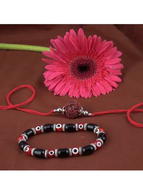 Handmade rakhi combo couple pair panch mukhi rudraksh rakhi & unisex red evil eye bracelet for bhaiya bhabhi 4