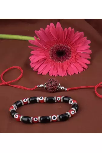 Handmade rakhi combo couple pair panch mukhi rudraksh rakhi & unisex red evil eye bracelet for bhaiya bhabhi