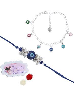 Handmade rakhi combo couple pair blue evil eye rakhi with colorful evil eye bracelets for bhaiya bhabhi 2