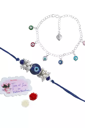 Handmade rakhi combo couple pair blue evil eye rakhi with colorful evil eye bracelets for bhaiya bhabhi