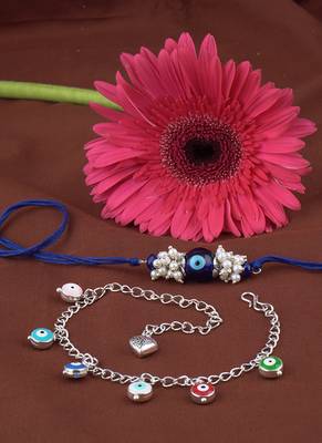Handmade rakhi combo couple pair blue evil eye rakhi with colorful evil eye bracelets for bhaiya bhabhi 3
