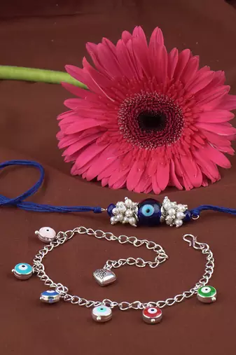 Handmade rakhi combo couple pair blue evil eye rakhi with colorful evil eye bracelets for bhaiya bhabhi