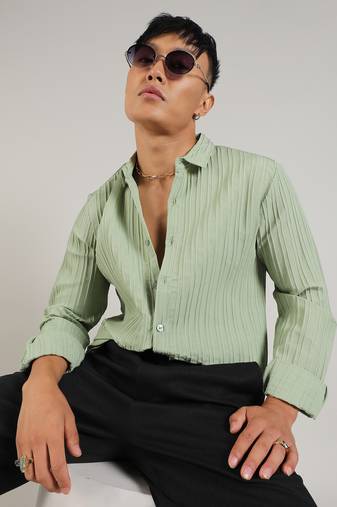 Men's pistachio green self-design striped shirt