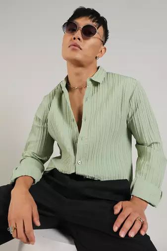 Men's pistachio green self-design striped shirt