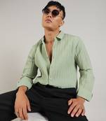 Men's pistachio green self-design striped shirt