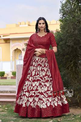 Women's Tussar Silk With Printed Foil Work Lehenga Choli 1