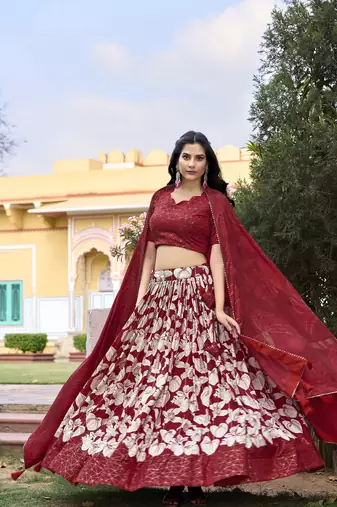 Women's Tussar Silk With Printed Foil Work Lehenga Choli