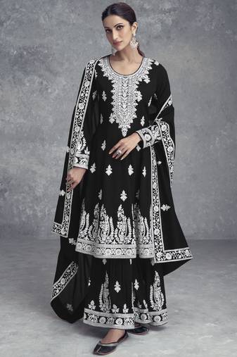 Black chinnon embroidery readymade suits