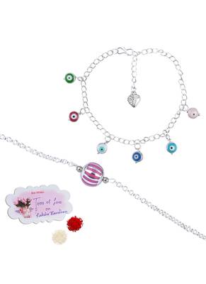 Handmade rakhi combo couple pair rani silver bead bracelet and colorful evil eye for bhaiya bhabhi 1