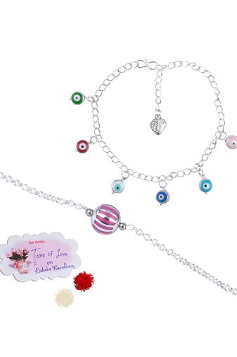 Handmade rakhi combo couple pair rani silver bead bracelet and colorful evil eye for bhaiya bhabhi
