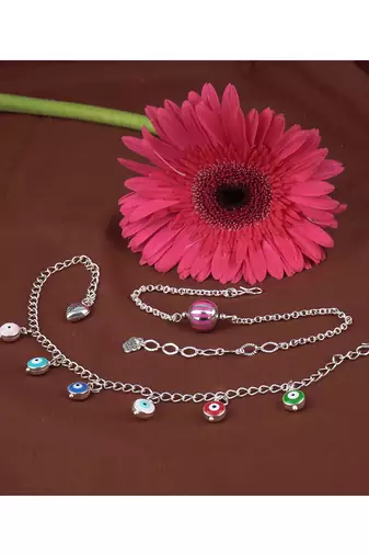 Handmade rakhi combo couple pair rani silver bead bracelet and colorful evil eye for bhaiya bhabhi