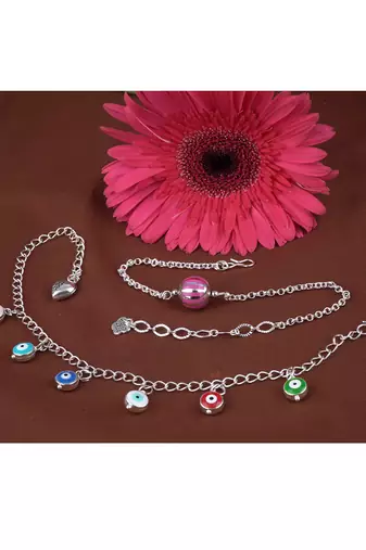 Handmade rakhi combo couple pair rani silver bead bracelet and colorful evil eye for bhaiya bhabhi