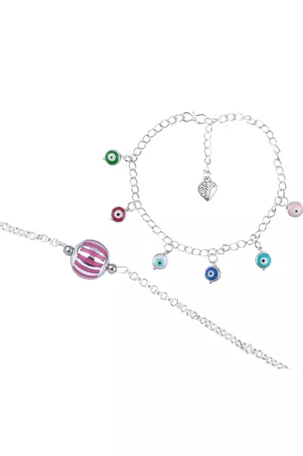 Handmade rakhi combo couple pair rani silver bead bracelet and colorful evil eye for bhaiya bhabhi