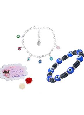 Handmade rakhi combo couple pair blue evil and colorful evil eye silver plated bracelet for bhaiya bhabhi 1