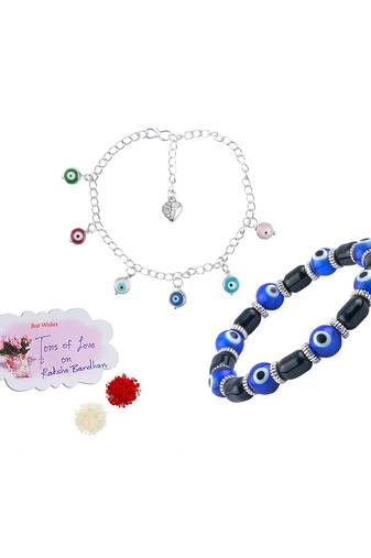 Handmade rakhi combo couple pair blue evil and colorful evil eye silver plated bracelet for bhaiya bhabhi