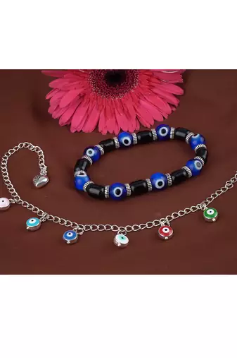 Handmade rakhi combo couple pair blue evil and colorful evil eye silver plated bracelet for bhaiya bhabhi