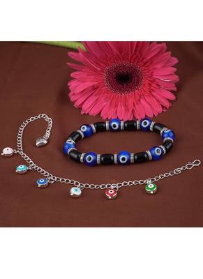 Handmade rakhi combo couple pair blue evil and colorful evil eye silver plated bracelet for bhaiya bhabhi 3