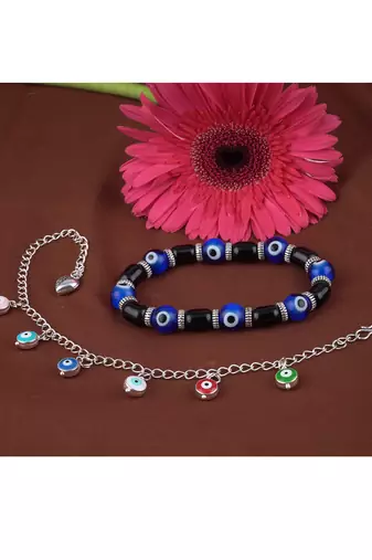 Handmade rakhi combo couple pair blue evil and colorful evil eye silver plated bracelet for bhaiya bhabhi
