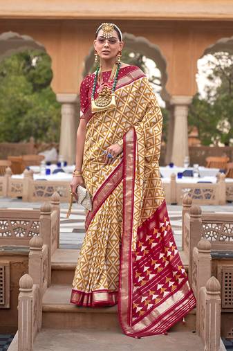 Mustard Colour Cotton Silk Patola Printed Saree By Monjolika Fashion