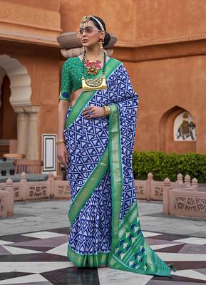 Navy Blue Colour Cotton Silk Patola Printed Saree By Monjolika Fashion 1