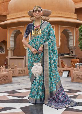 Teal Colour Cotton Silk Patola Printed Saree By Monjolika Fashion 1