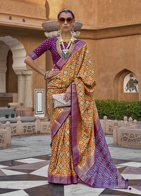 Mustard Colour Cotton Silk Patola Printed Saree By Monjolika Fashion 1